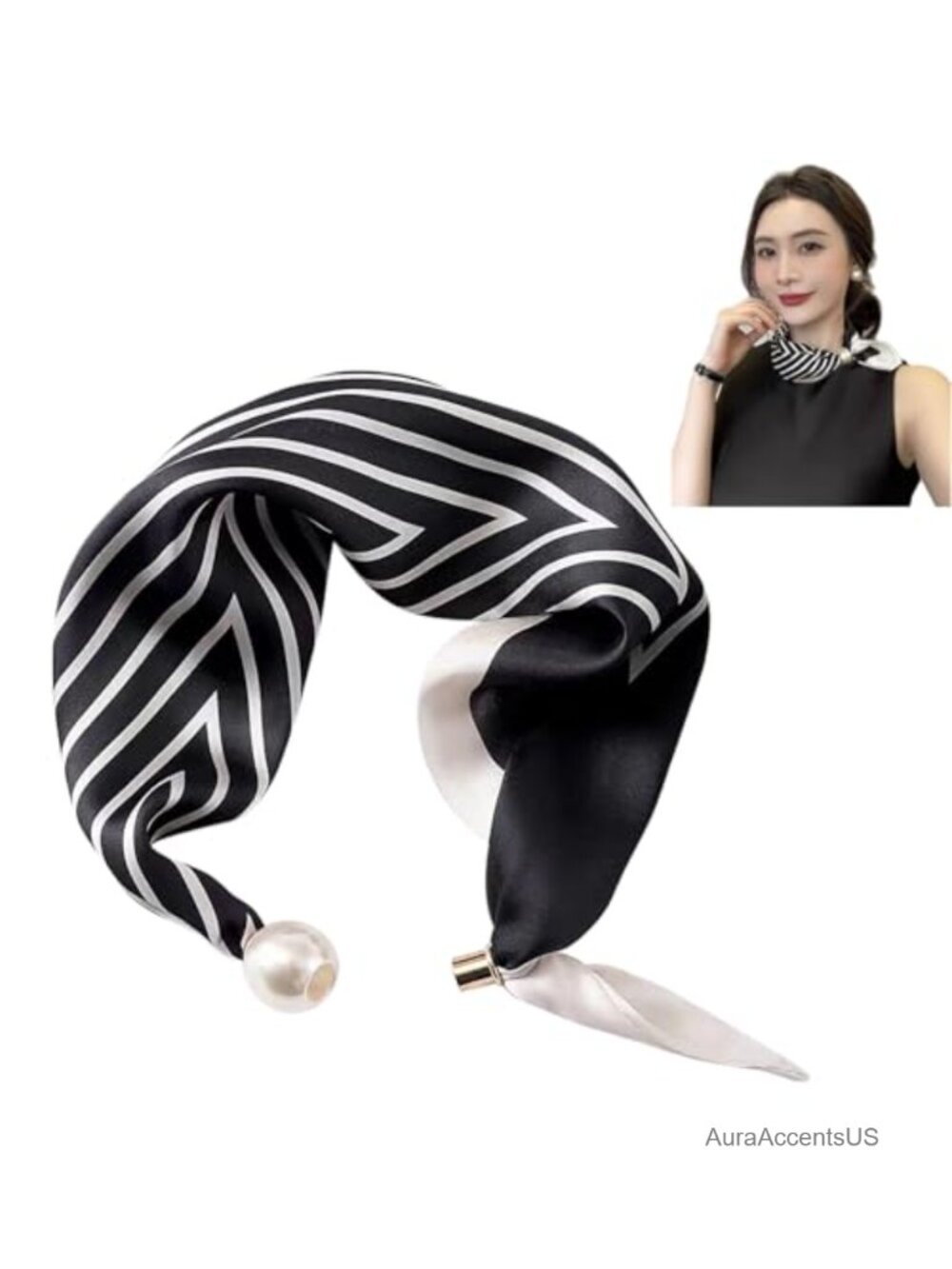 Magnetic Pearl Scarf, Satin Scarf for Women, Classic Print Neck Tie, Head